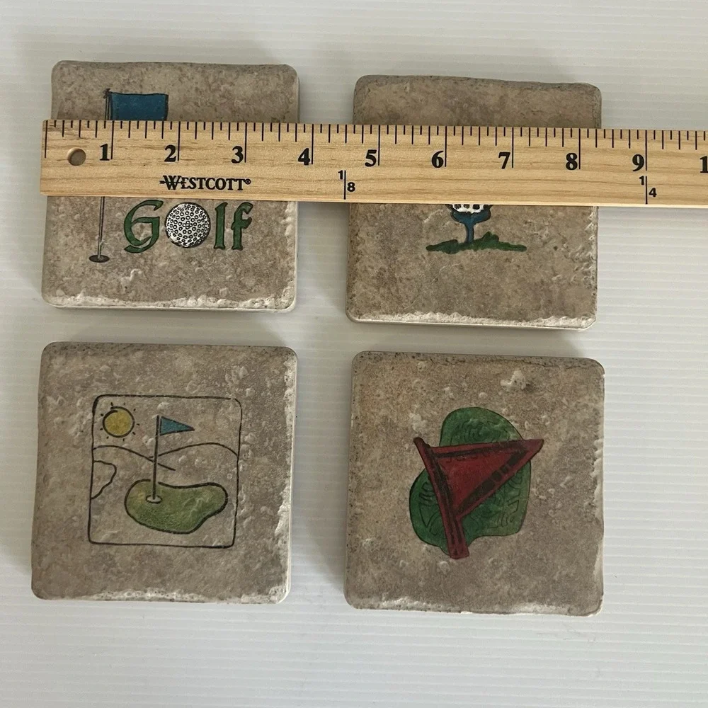Golf Theme Stone Coaster Set of 4 Handcrafted In Colorado USA Cork Backing